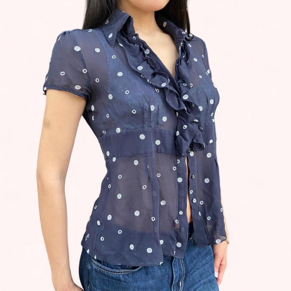 Vintage Y2K Sheer Button Up Cap Sleeve Babydoll Blouse - Picture 3 of 8